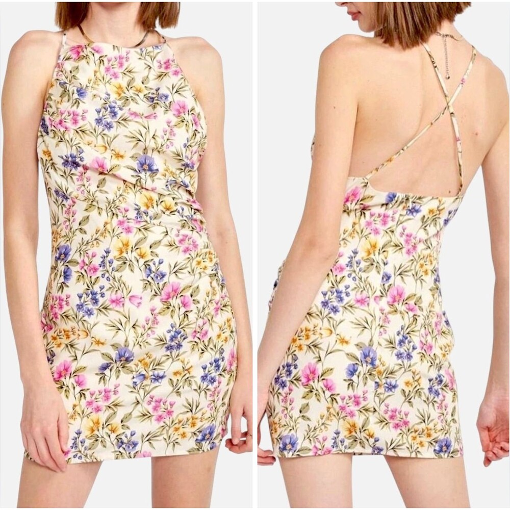 Anthropologie En Saison Valeria Linen Blend Floral Halter Mini Dress Sz L NWT